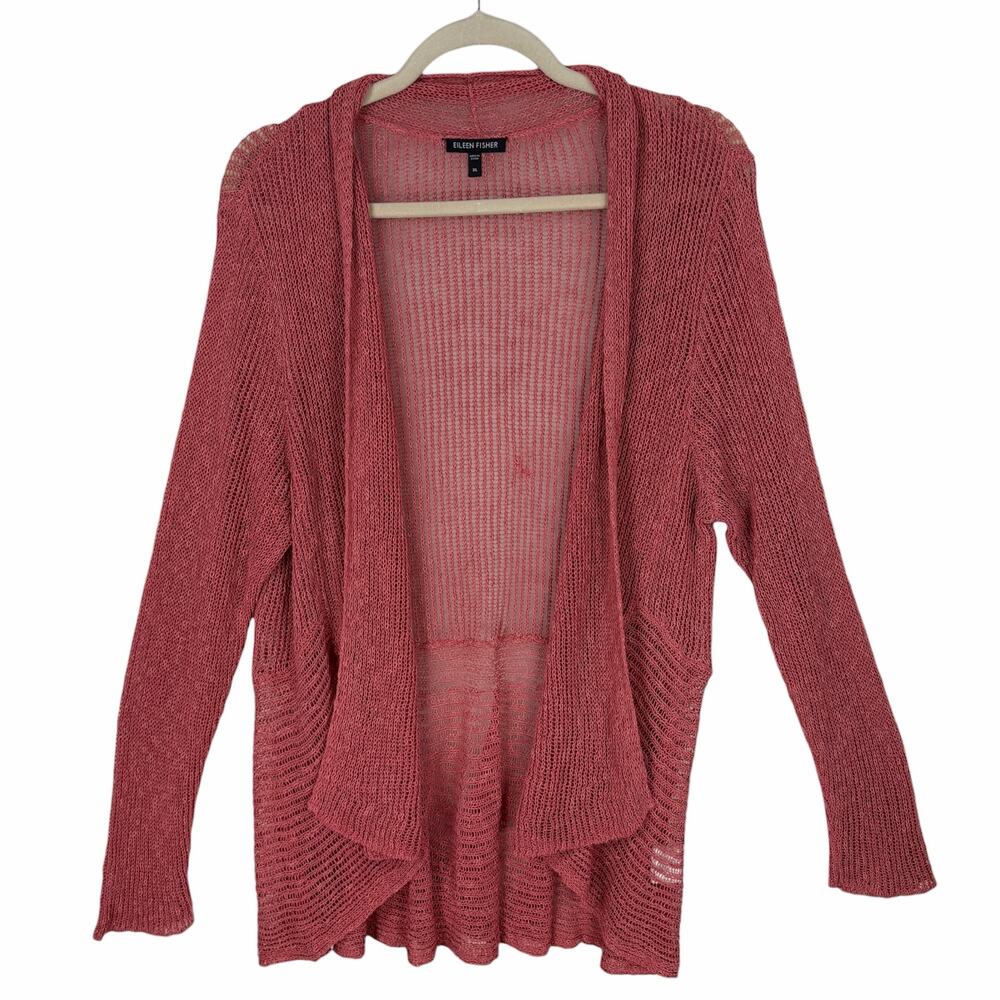 Eileen Fisher Sweater Cardigan Womens XL Pink Open Front Open Knit Linen Cotton